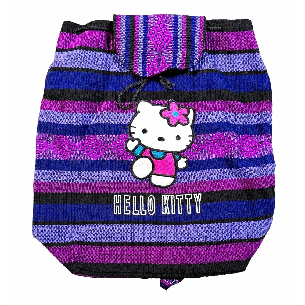 Vintage Hello Kitty Woven Backpack Purple Striped Jerga Sanrio Y2K Bag 0104